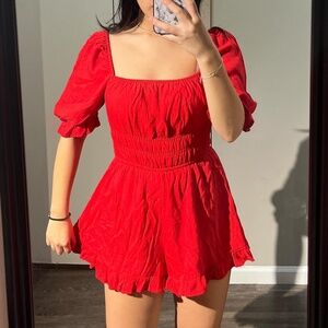 Red romper ruffle trim square neck shorts short puff sleeve off shoulder